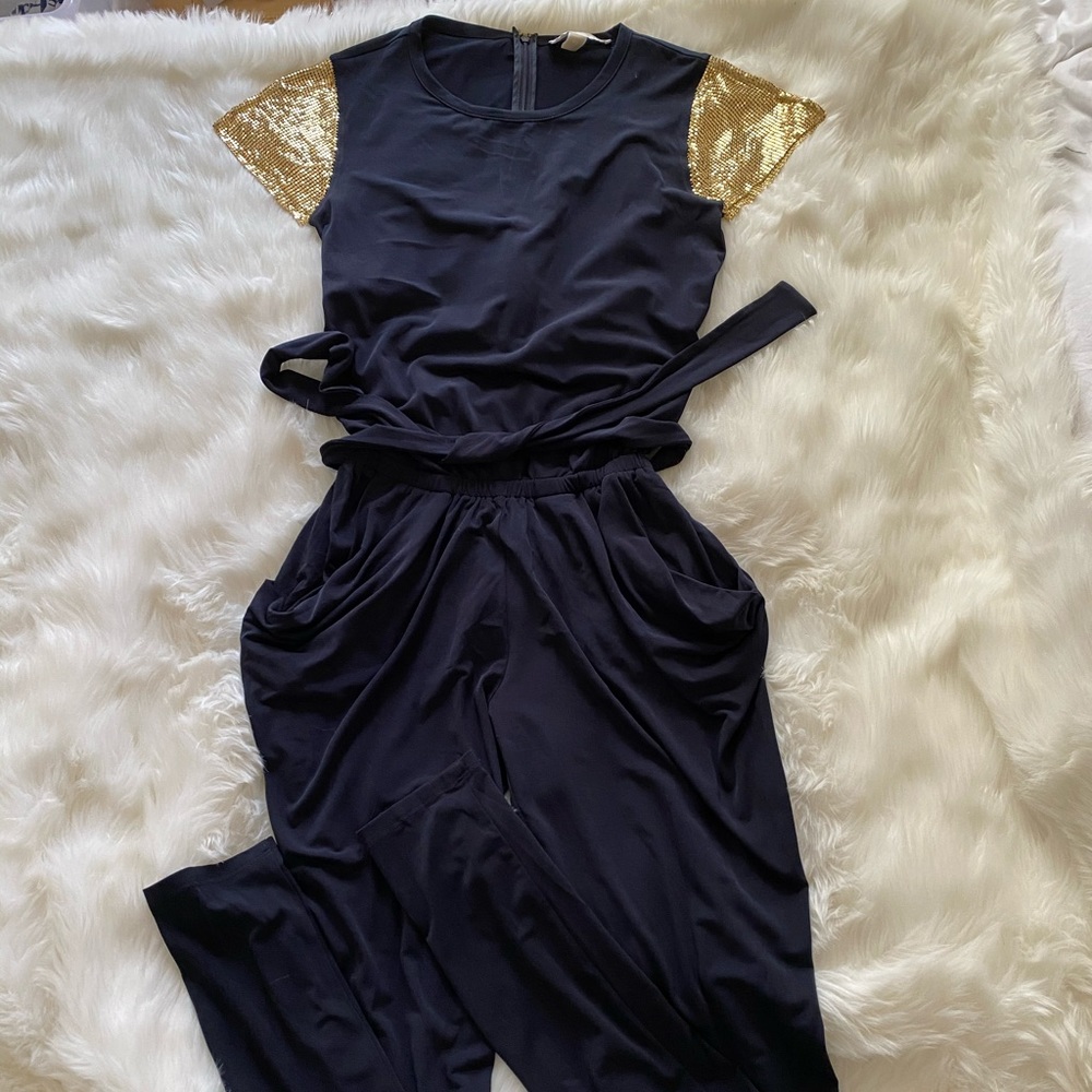 Michael Kors Short Gold Metal Sleeve Pants Romper